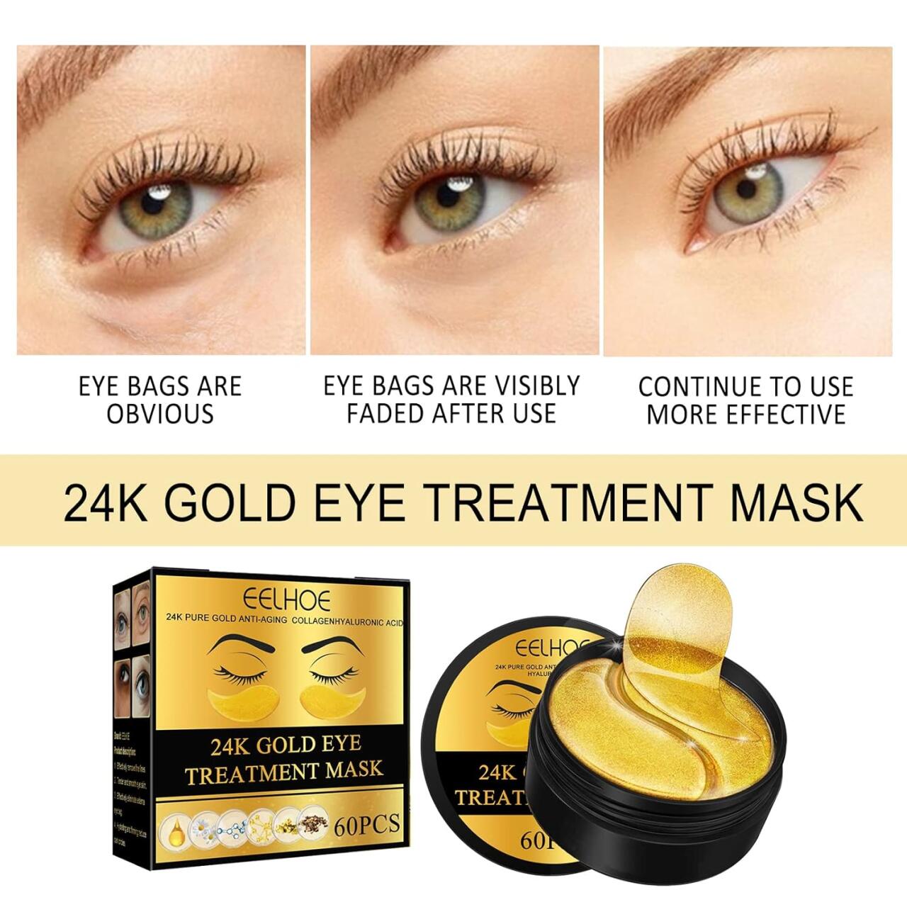 EELHOE Patches de Ouro 24K para Olhos – 60 Unidades ✨👁️