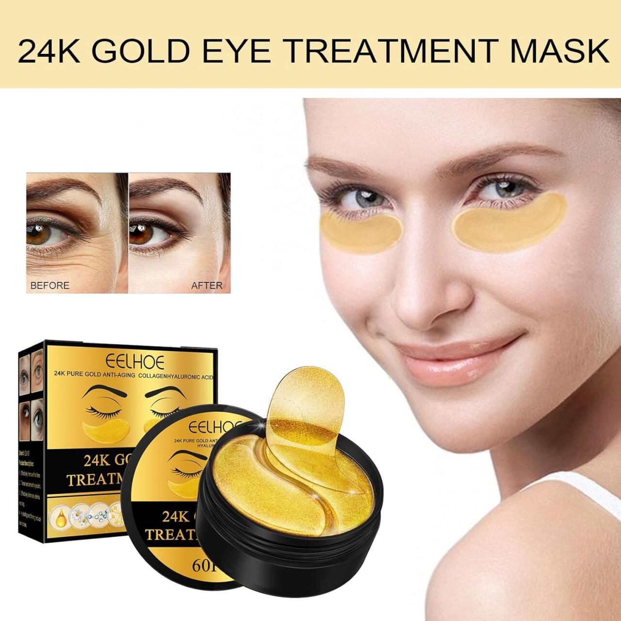 EELHOE Patches de Ouro 24K para Olhos – 60 Unidades ✨👁️